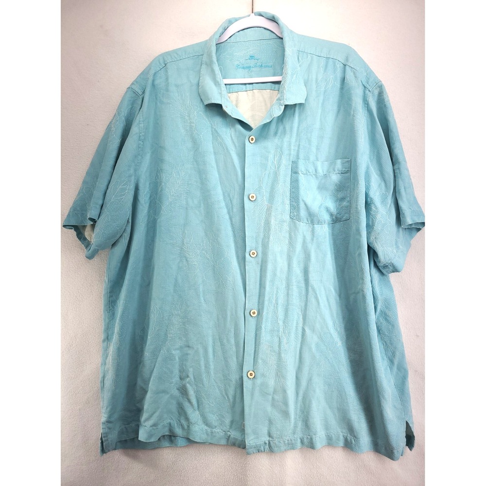 Timmy Bahama Teal 100% Silk Camp Shirt XXXL tonal palm leaf jacquard Vacation